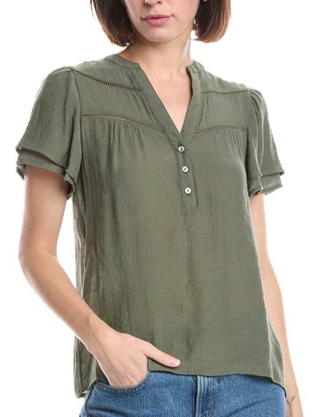 Nanette Lepore Olive Green V-Neck Button Short Sleeve Blouse